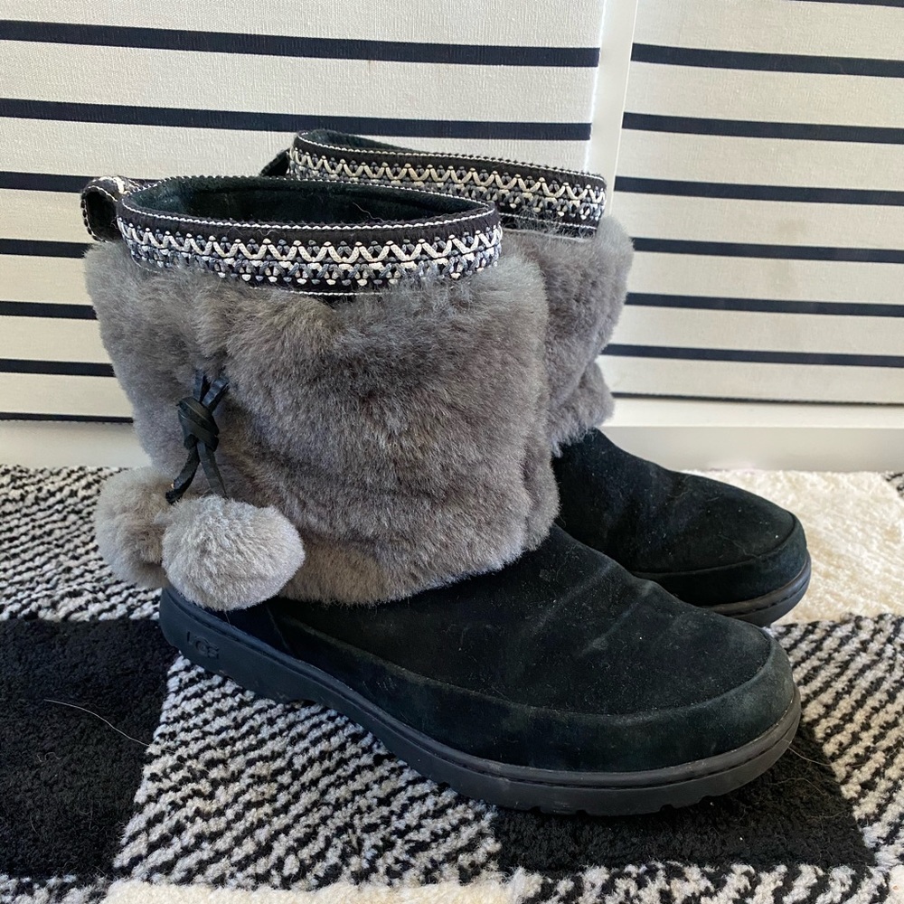 UGG BRIE BLACK SUEDE SHEEPSKIN CUFF POM POM BOOT 8